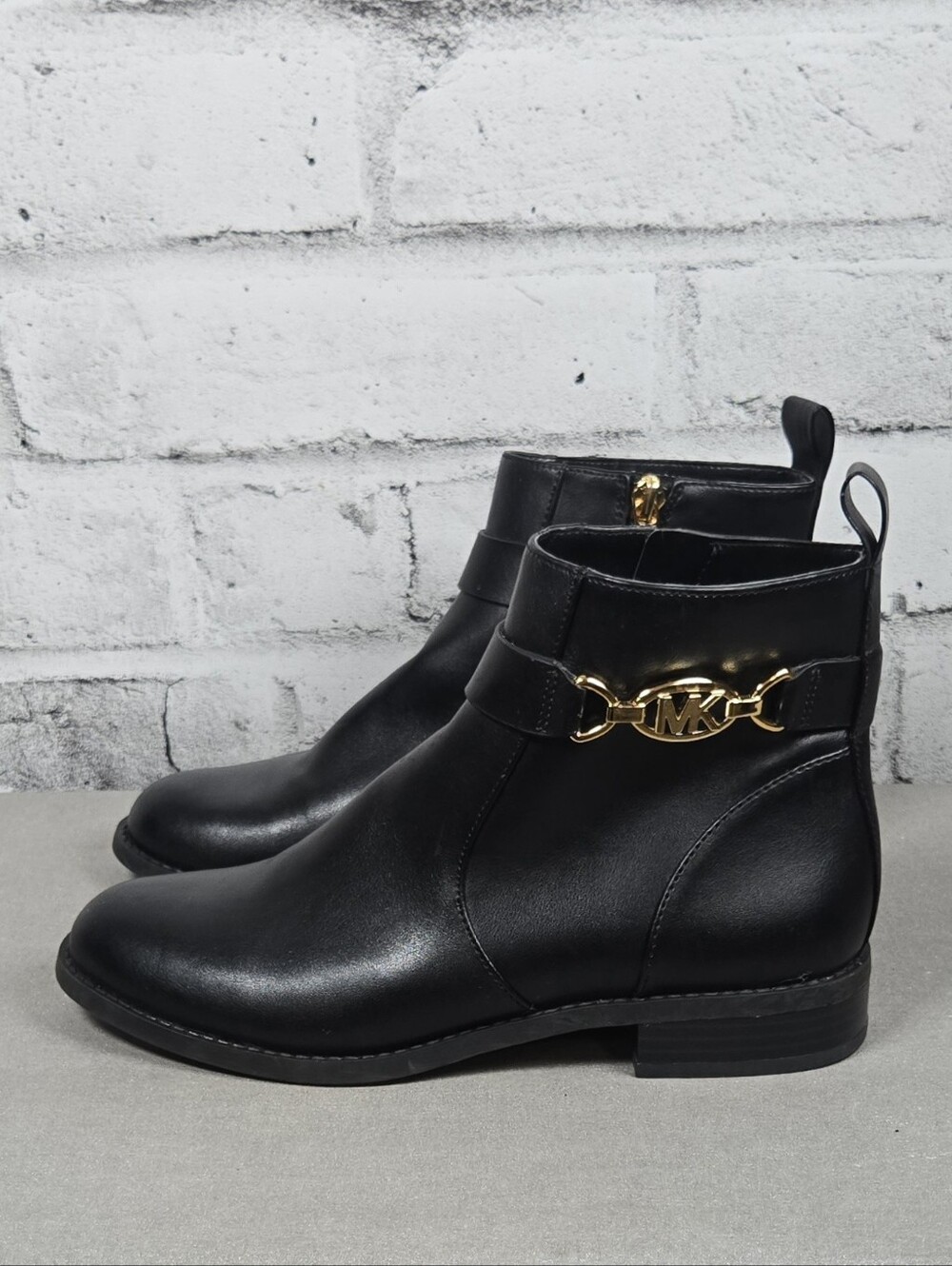 MICHAEL Michael Kors Black Ankle Boots Gold MK Logo Hardware Size 5.5M